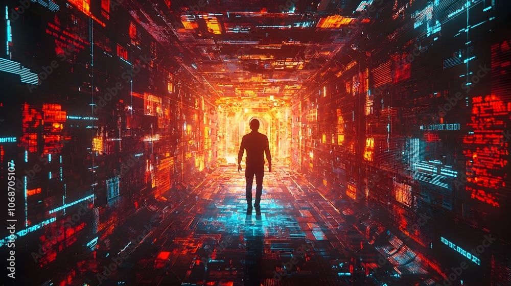 Poster hacker breaching virtual fortress to access core database cyberpunk concept with copy space