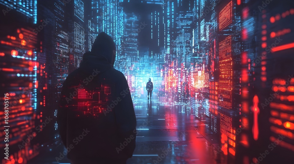 Poster hacker infiltrating glowing cybersecurity fortress to access core database