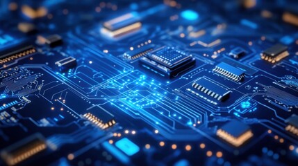 Close-up of a circuit board with glowing blue lines and integrated circuits.