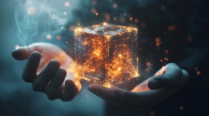 Hacker Holding Glowing Translucent Data Cube with Shifting Encrypted Layers Unlocking Hidden Secrets