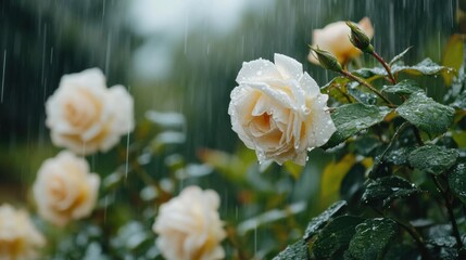 Obraz premium 雨の中の穏やかな白いバラ：静かな庭園の風景に咲く繊細な花と新鮮な葉