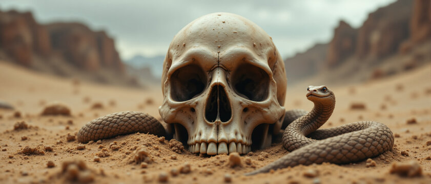 Venomous brown snake coiled around a human skeleton skull stuck in the desert valley ground and poised to strike