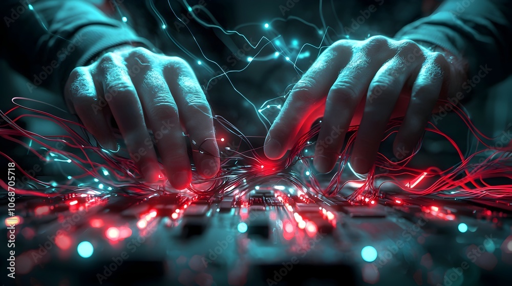 Poster hacker s hands hovering over a glowing digital lock with pulsing currents in a virtual environment