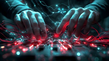 Hacker s Hands Hovering Over a Glowing Digital Lock with Pulsing Currents in a Virtual Environment
