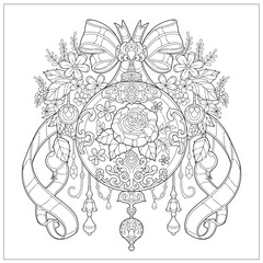 Premium vector. Beautiful bell souvenir with flower ornament. Learning and education coloring page illustration for adult and children. Vector outline style, black and white drawing. 