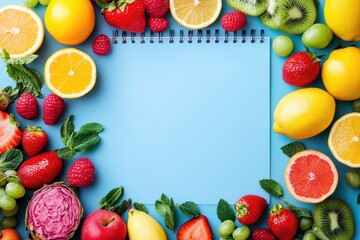 Vibrant assortment of fruits surrounding a blank notebook on a blue background in natural light