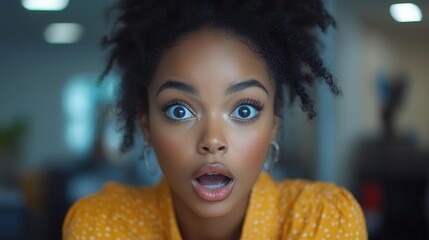 stunned young african american woman in an office setting, reacting to an alarming message on her mobile phone, capturing a moment of surprise and concern
