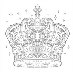 Premium vector. Fantasy royal crown with gemstone and sparkling carved ornament. Learning and education coloring page illustration for adult and children. Vector outline style, black and white drawing