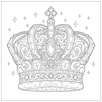 Premium vector. Fantasy royal crown with gemstone and sparkling carved ornament. Learning and education coloring page illustration for adult and children. Vector outline style, black and white drawing