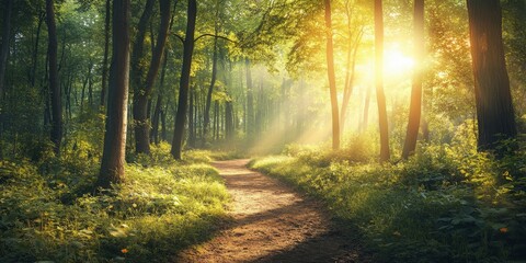 Obraz premium Hiking Path Through a Forest with Sunlight Filtering