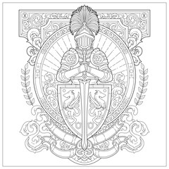 Premium vector. Fantasy kingdom emblem with noble knight, sword and shield. Learning and education coloring page illustration for adult and children. Vector outline style, black and white drawing. 