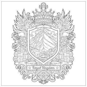 Premium vector. Fantasy kingdom emblem with beautiful carved ornament and crown. Learning and education coloring page illustration for adult and children. Vector outline style, black and white drawing