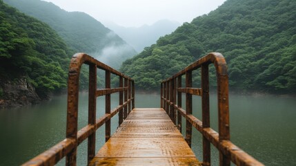 緑豊かな山々に囲まれた霧の湖を見下ろす素朴な桟橋