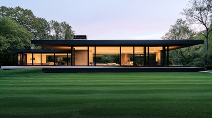 Fototapeta premium Contemporary glass and steel house in a lush green landscape with modern interior design visible through large windows