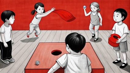 Fototapeta premium Four Children Playing a Game with Red and Blue Balls and a Red Box