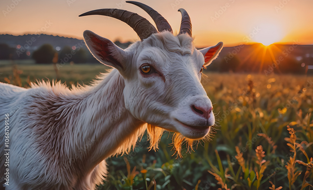 Poster a goat is standing in a field with the sun shining on it