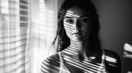 窓のブラインドからのドラマチックな光と影を映したモノクロームの神秘的な女性