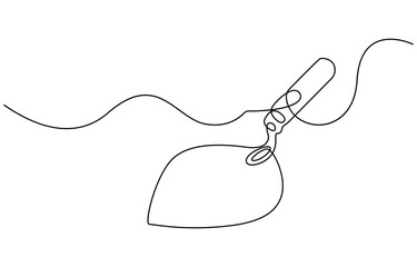 Gardening Trowel Single Line art Drawing, Continuous one line drawing of trowel icon in silhouette on a white background. Linear stylized, Trowel icon line continuous drawing vector