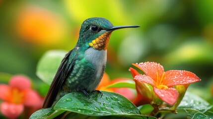 Fototapeta premium A vibrant hummingbird perched on a green leaf with red flowers in the background.