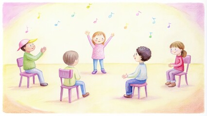 Fototapeta premium Four Children Sitting on Chairs Surrounded by Music Notes