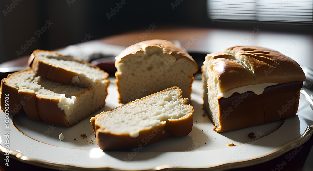 Poster A plate of bread with a few slices missing