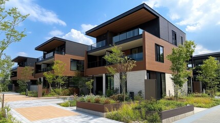 緑に囲まれた高級な都会のタウンハウスのモダンな建築