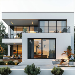 Modern house design, plain white background.