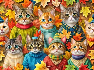 Cozy up with cute cats in a charming autumn seamless pattern.