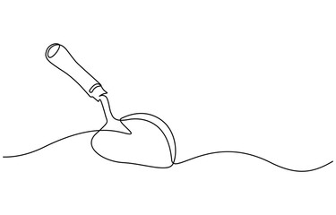 Obraz premium Gardening Trowel Single Line art Drawing, Continuous one line drawing of trowel icon in silhouette on a white background. Linear stylized, Trowel icon line continuous drawing vector
