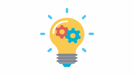 Graphic symbol: yellow light bulb with red and blue gears emits light. Modern, clean look on white background. Represents innovation or creative concept.