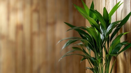 Obraz premium 温かみのある木製の壁を背景にした緑豊かな室内植物