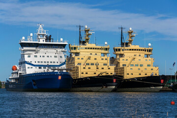 Icebreakers fleet moored off the northern side of Katajanokka island in Helsinki, Finland, Europe, sunny day