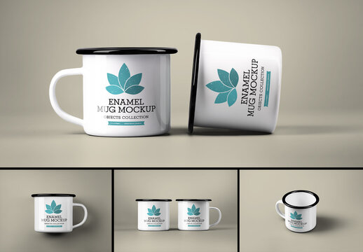 4 Mockups of Enameled Metal Mug with Black Rim