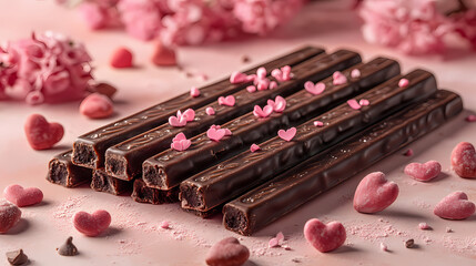 Set of chocolate-coated biscuit sticks with soft pastel background and heart-shaped decorations, perfect for romantic event promotions on peppero day
