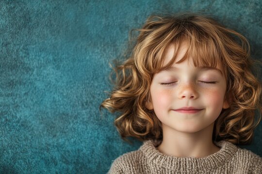 A joyful child enjoys a peaceful moment with closed eyes while resting against a blue background