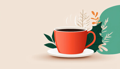 A vibrant red coffee cup sits on a white saucer, surrounded by green leaves and decorative elements against a soft beige background.