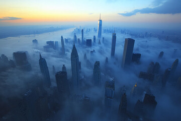 Aerial view of a foggy New York City skyline at dawn