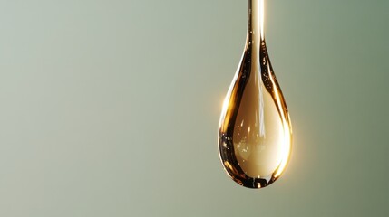 ミニマルな緑の背景に輝く金色の液体の滴
