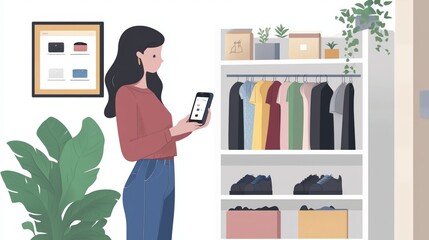 Woman using recommendation system algorithms items preferences data shopping experience. AI generated