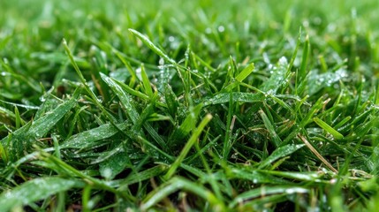 朝の光の中で鮮やかな緑の草に降り注ぐ新鮮な露