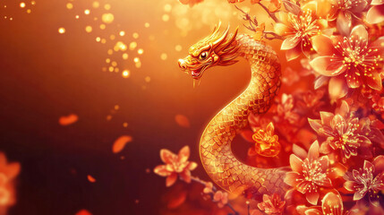 Obraz premium Golden dragon amidst vibrant flowers on an orange background, creating a rich and festive atmosphere for the Chinese New Year celebration...