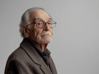 Portret starszego człowieka w okularach na szarym tle.