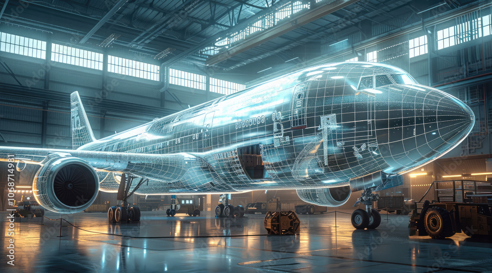 Poster A large airplane being designed in an industrial setting with holographic wireframe blueprints floating around it.