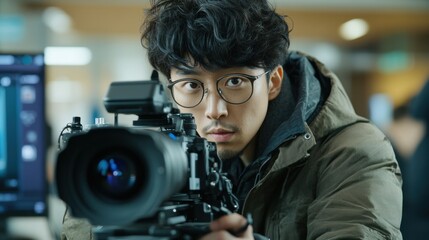 プロのカメラ機材でシーンを撮影することに焦点を当てた映画製作者
