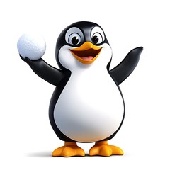 Fototapeta premium Cartoon Penguin Holding Snowball in Winter Scene