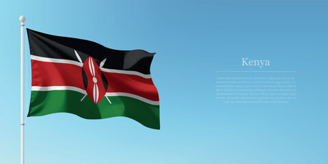 Waving Flag of Kenya Against Clear Blue Sky Copyspace