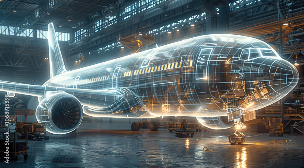 Poster A large airplane being designed in an industrial setting with holographic wireframe blueprints floating around it.