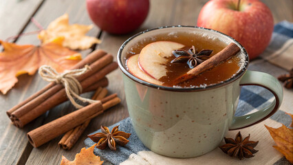 Hot spiced cider with cinnamon and orange slice, background, November