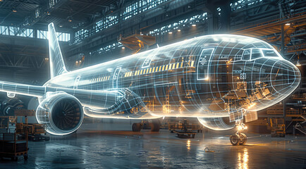 A large airplane being designed in an industrial setting with holographic wireframe blueprints floating around it.