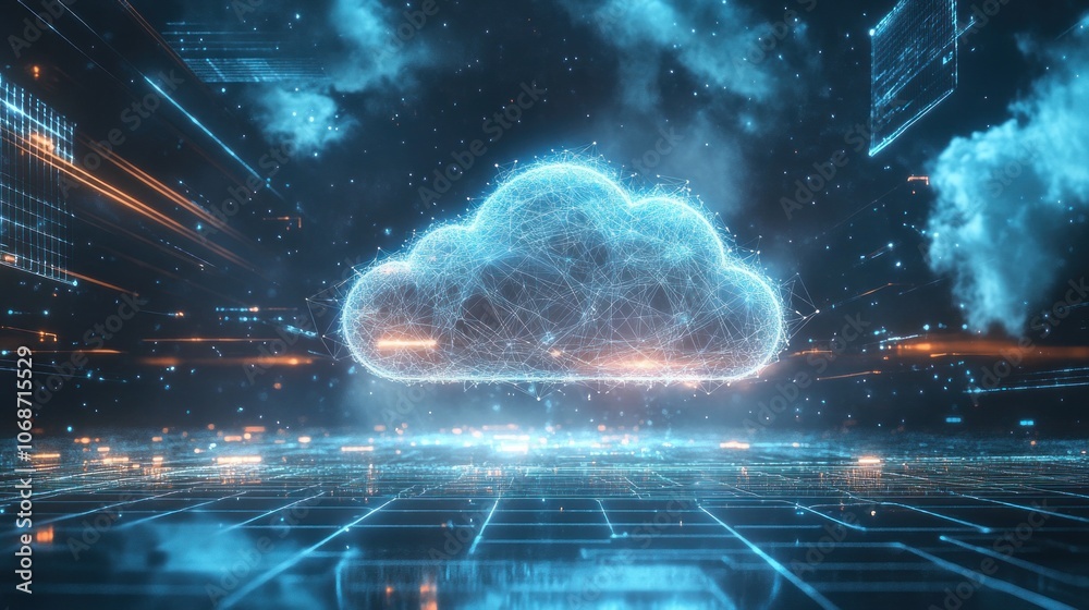 Poster Cloud computing concept. 3d rendering toned image double exposure. - Generated AI
